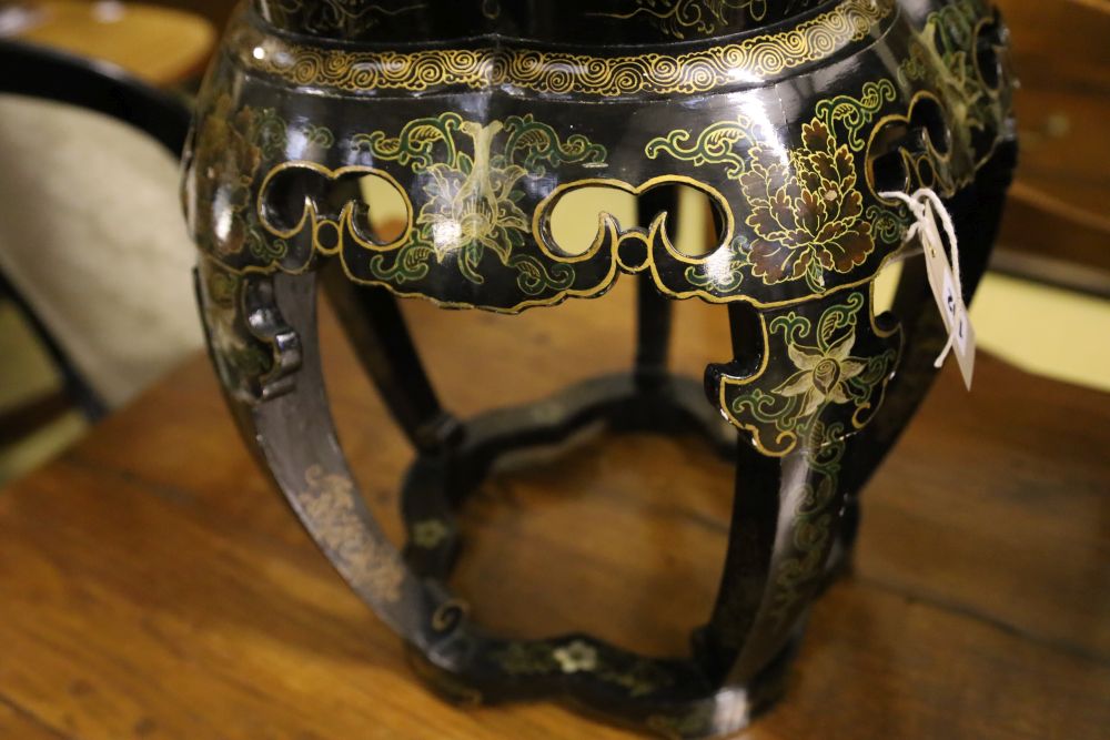 A Chinese black-lacquered and painted jardiniere stand, width 42cm, height 46cm